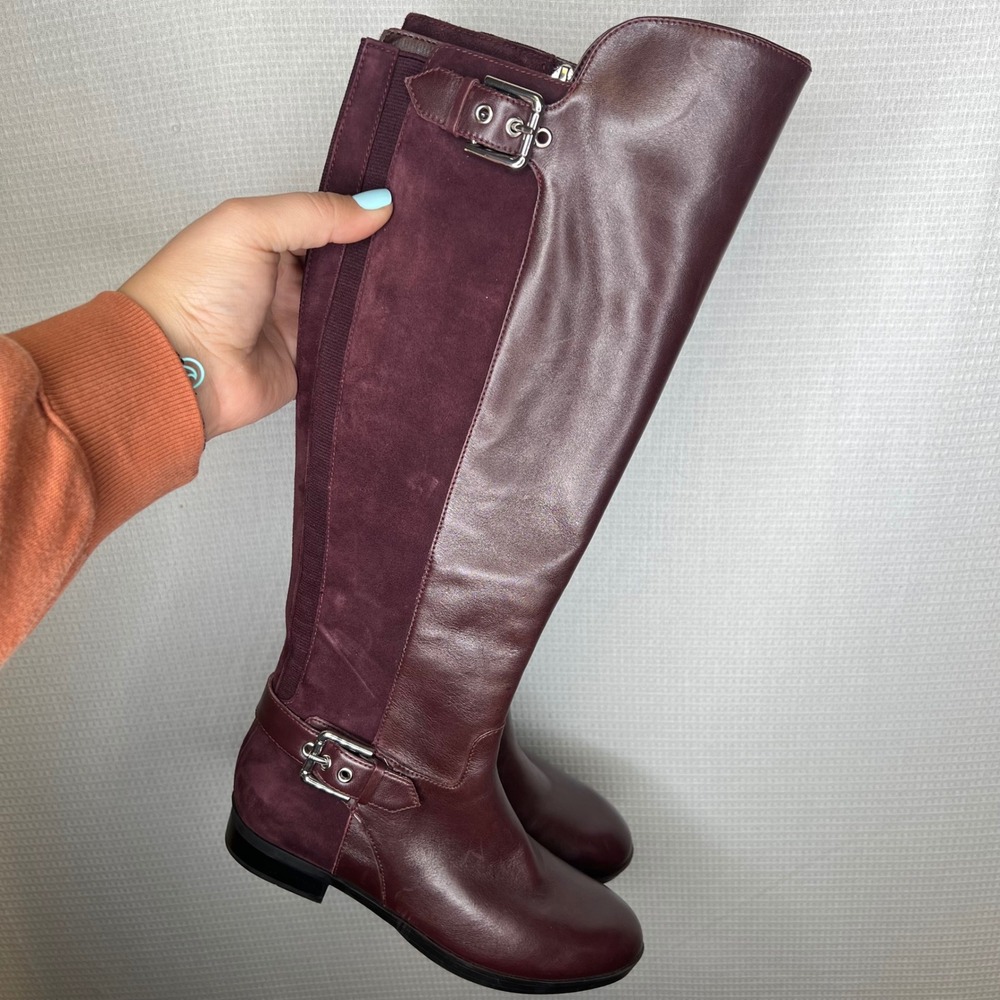 Marc Fisher Womens Burgundy Leather Suede Tall Riding Boots Buckle Size 5M
